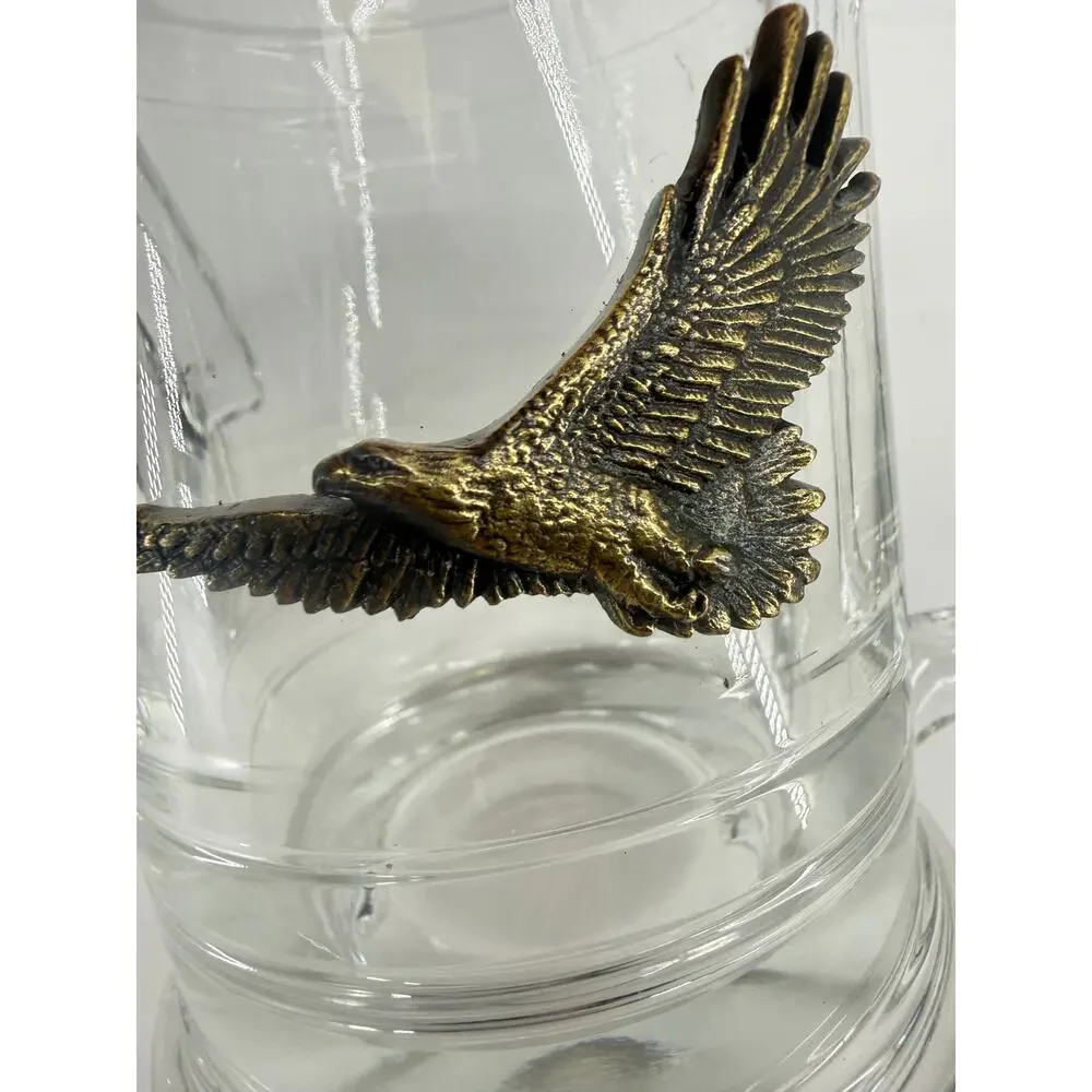 Vintage Glass Beer Steins Brass Eagle Emblems Patriotic Americana Barware Set 2